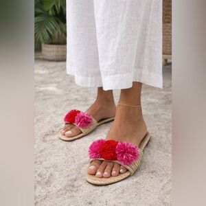 Pretty You London Raffia Pom Pom Slide Slippers Size 39 (US 8)